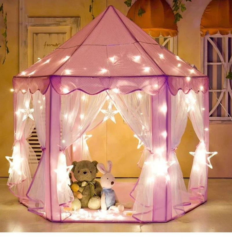 Prinsessenkasteel Speeltent Hexagon 140cm Roze Blauw Binnen Buiten Opvouwbaar Kinderkamer Rollenspel | Sansoti