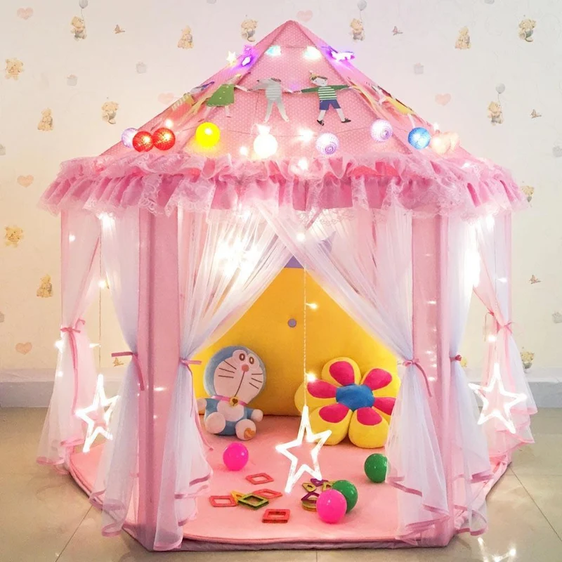 Prinsessenkasteel Speeltent Hexagon 140cm Roze Blauw Binnen Buiten Opvouwbaar Kinderkamer Rollenspel | Sansoti
