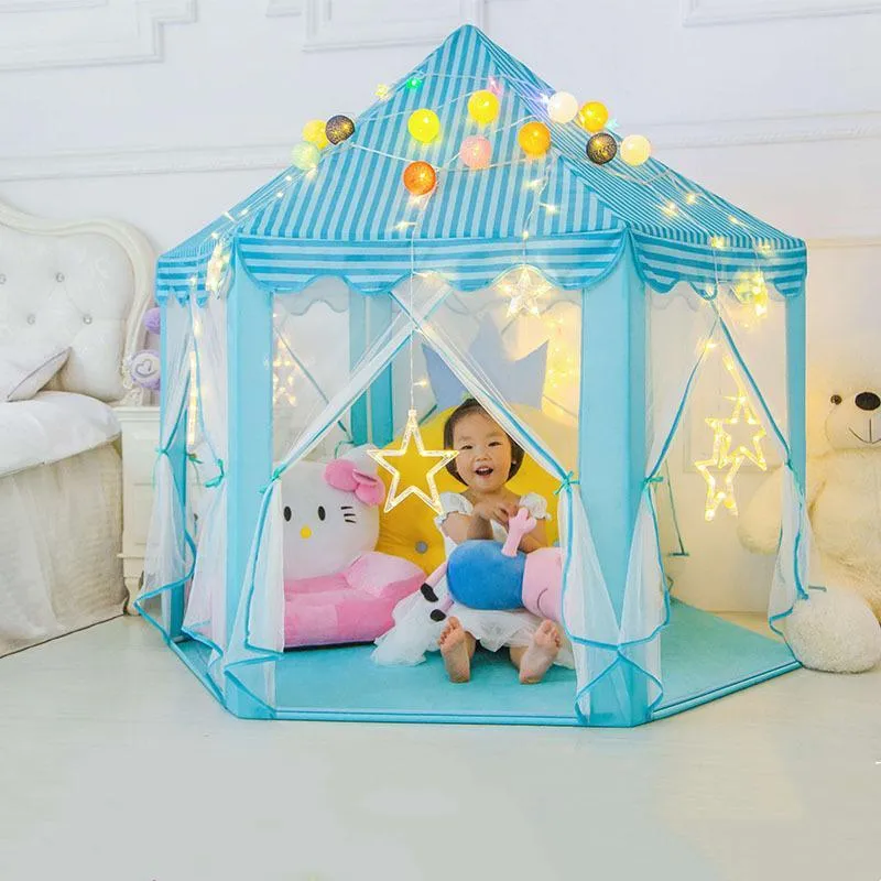 Prinsessenkasteel Speeltent Hexagon 140cm Roze Blauw Binnen Buiten Opvouwbaar Kinderkamer Rollenspel | Sansoti