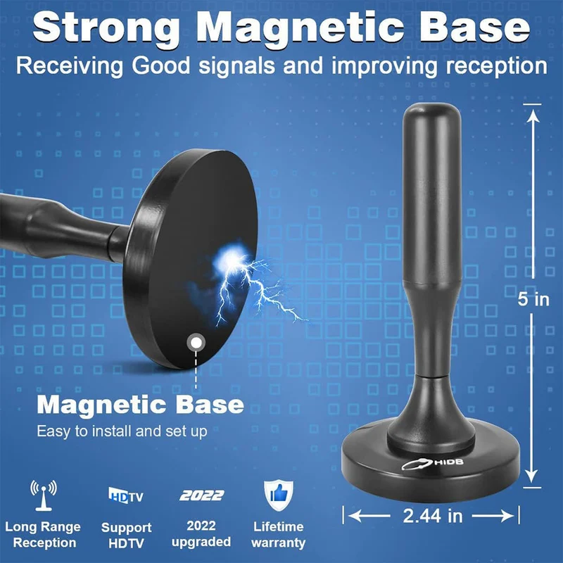 Digitale TV Antenne 4K Magnetisch 300 Mijl Bereik DVB-T2 ATSC 25dBi Zwart Metaal Coax Kabel 5m Binnen Buiten | Sansoti