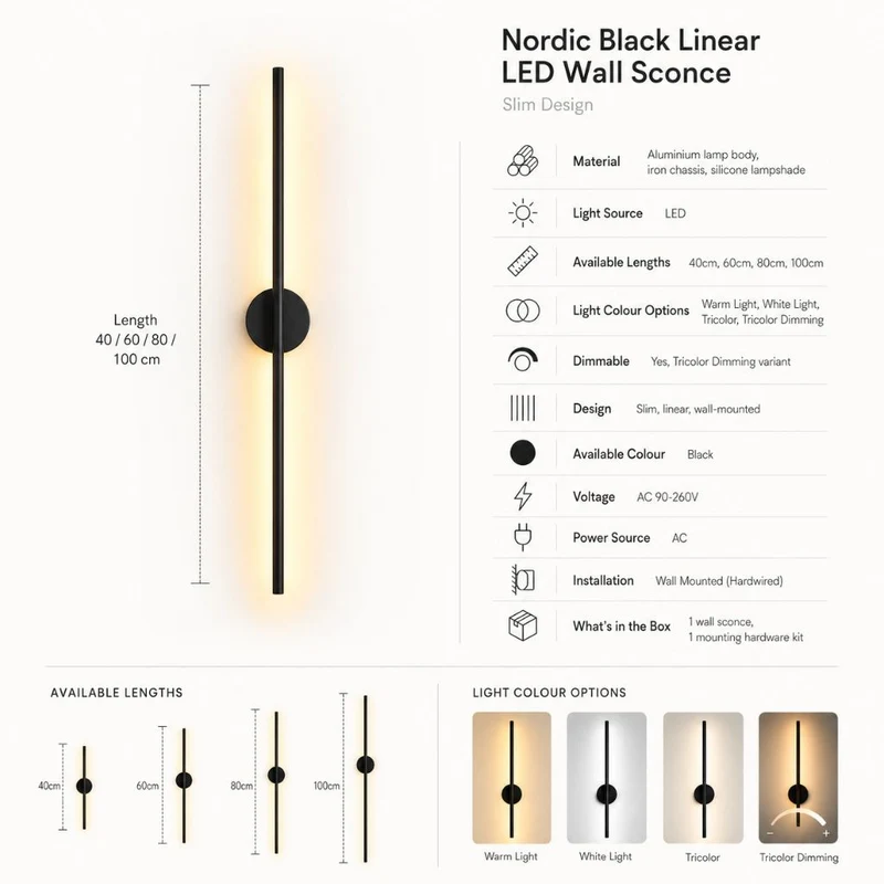 Lineaire Wandlamp LED Zwart Aluminium Mat Smal Design Modern Sfeervol Verlichting voor Slaapkamer Woonkamer Hal | Sansoti