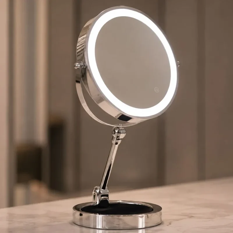 Verlichte Make-up Spiegel 10x Vergroting Dubbelzijdig LED Aanraakbediening Oplaadbaar Draaibaar voor Badkamer | Sansoti