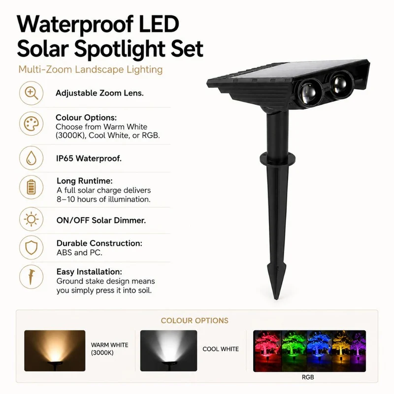 Zonne-energie Tuinspot LED Set met Verstelbare Lens IP65 Waterdicht Buitenverlichting voor Tuin Gazon Terras | Sansoti