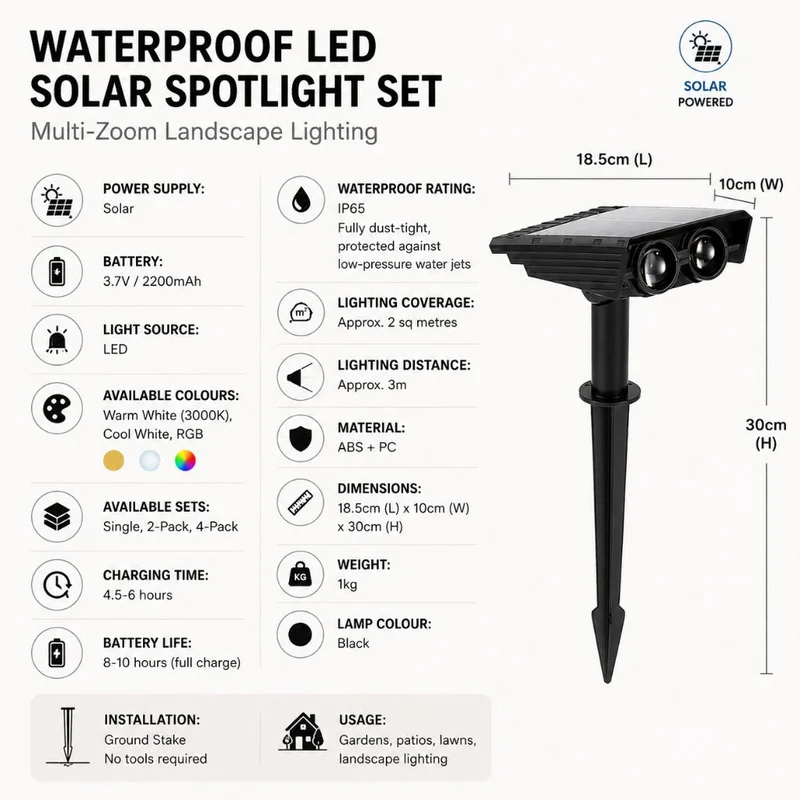 Zonne-energie Tuinspot LED Set met Verstelbare Lens IP65 Waterdicht Buitenverlichting voor Tuin Gazon Terras | Sansoti
