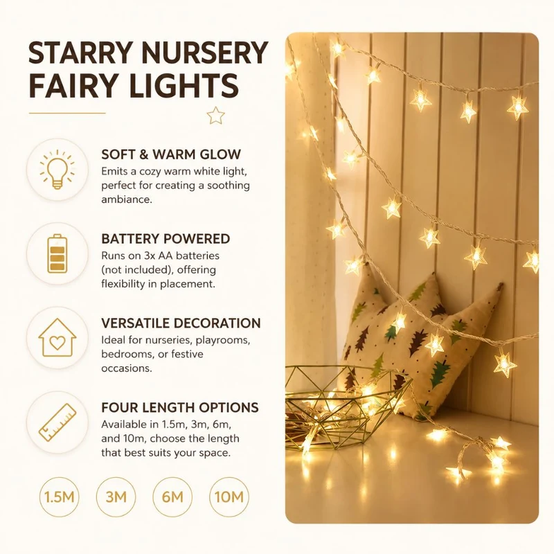 Batterij Fairy Lights Warm Wit LED Lichtsnoer Kinderkamer Babykamer Sfeerlicht Decoratie Sterren Nachtlampje | Sansoti