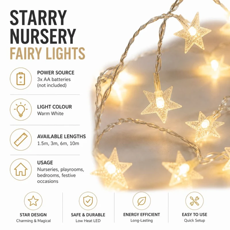 Batterij Fairy Lights Warm Wit LED Lichtsnoer Kinderkamer Babykamer Sfeerlicht Decoratie Sterren Nachtlampje | Sansoti