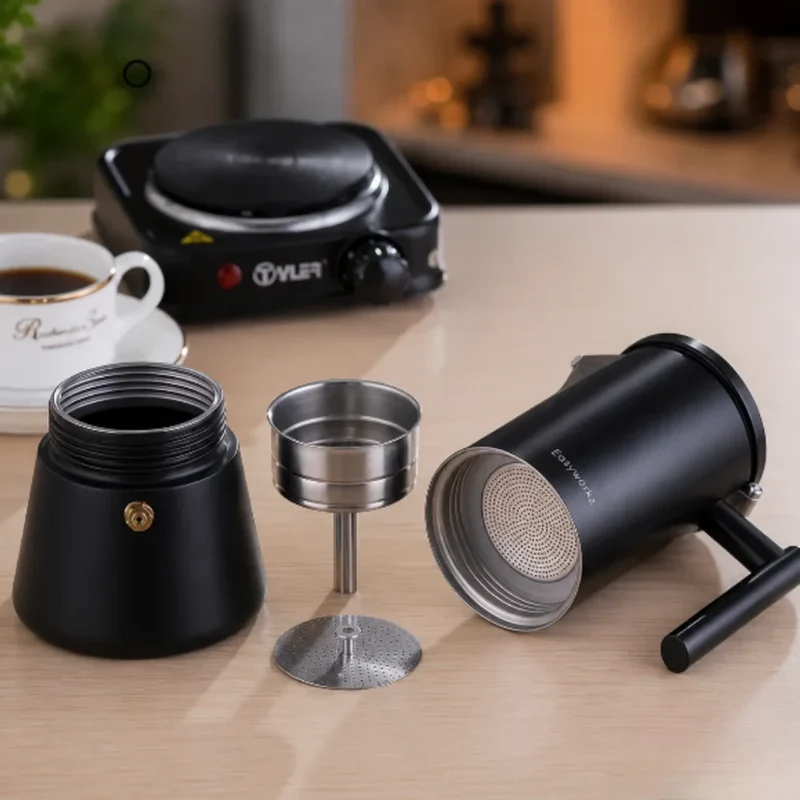 Zwarte RVS Espresso Percolator 200-500ml Inductie Compatibel Koffiemaker Italiaanse Mokka Pot Thuis Kantoor | Sansoti