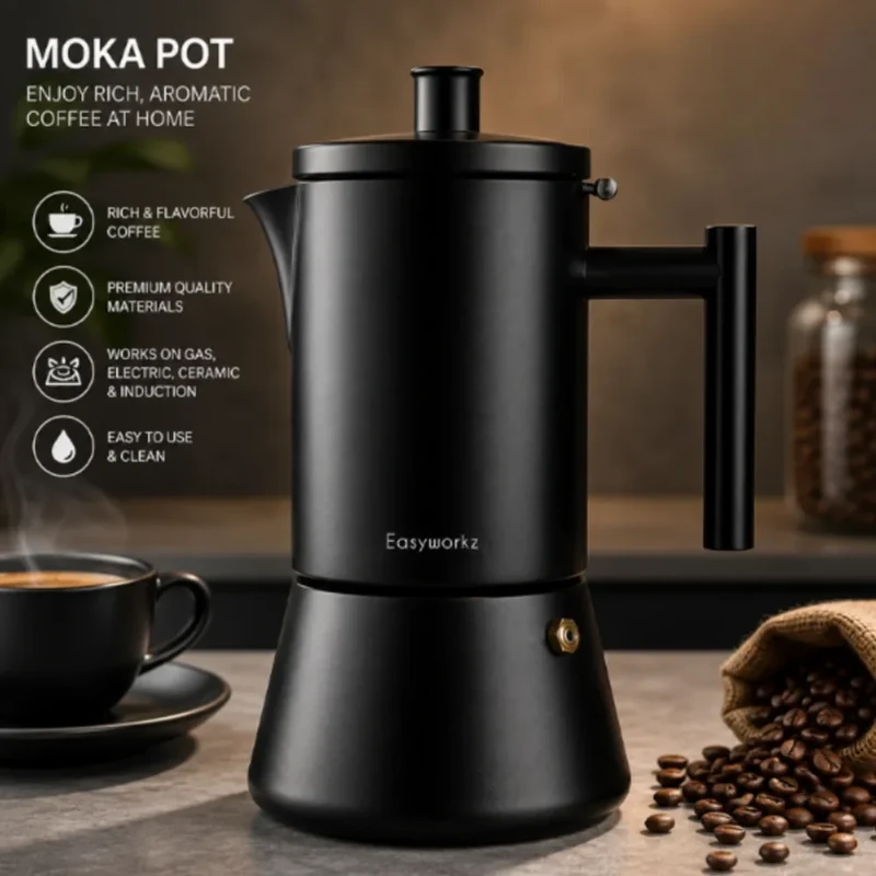 Zwarte RVS Espresso Percolator 200-500ml Inductie Compatibel Koffiemaker Italiaanse Mokka Pot Thuis Kantoor | Sansoti