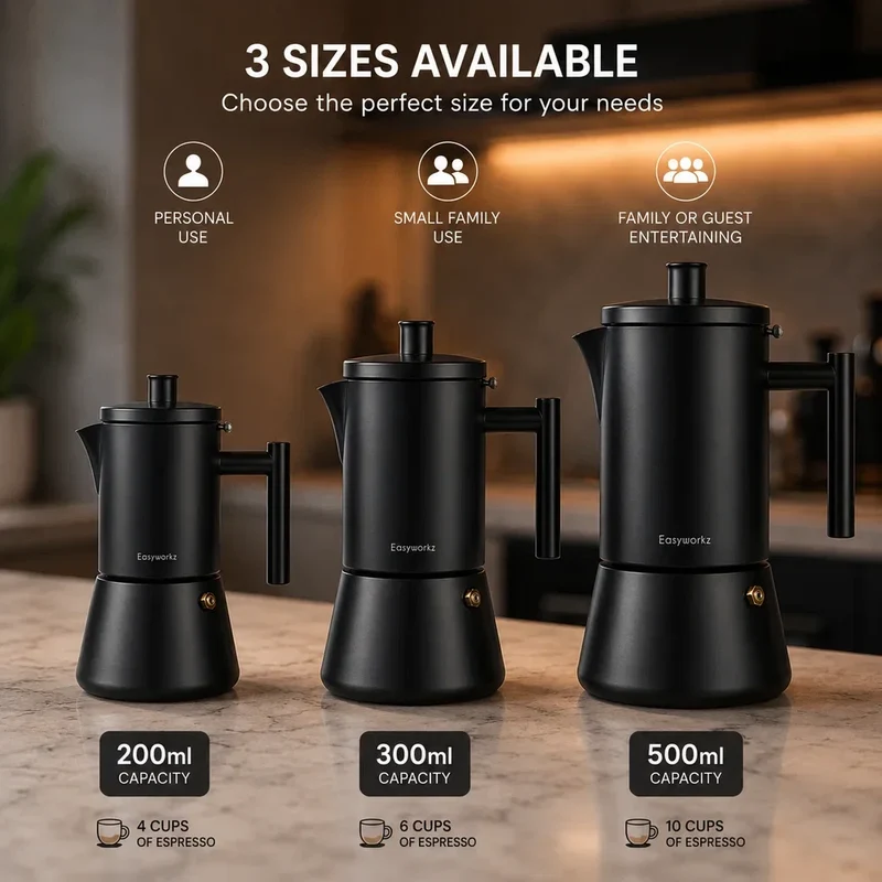 Zwarte RVS Espresso Percolator 200-500ml Inductie Compatibel Koffiemaker Italiaanse Mokka Pot Thuis Kantoor | Sansoti