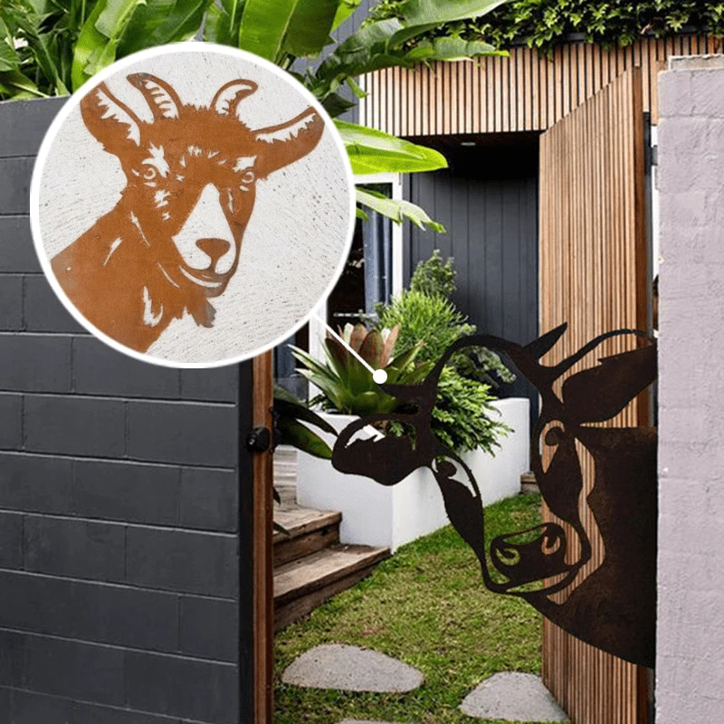 Metalen Boerderijdier Wanddecoratie 28x29cm Bruin Ijzer Tuinornament Rustiek Buitendecor Handgemaakt | Sansoti