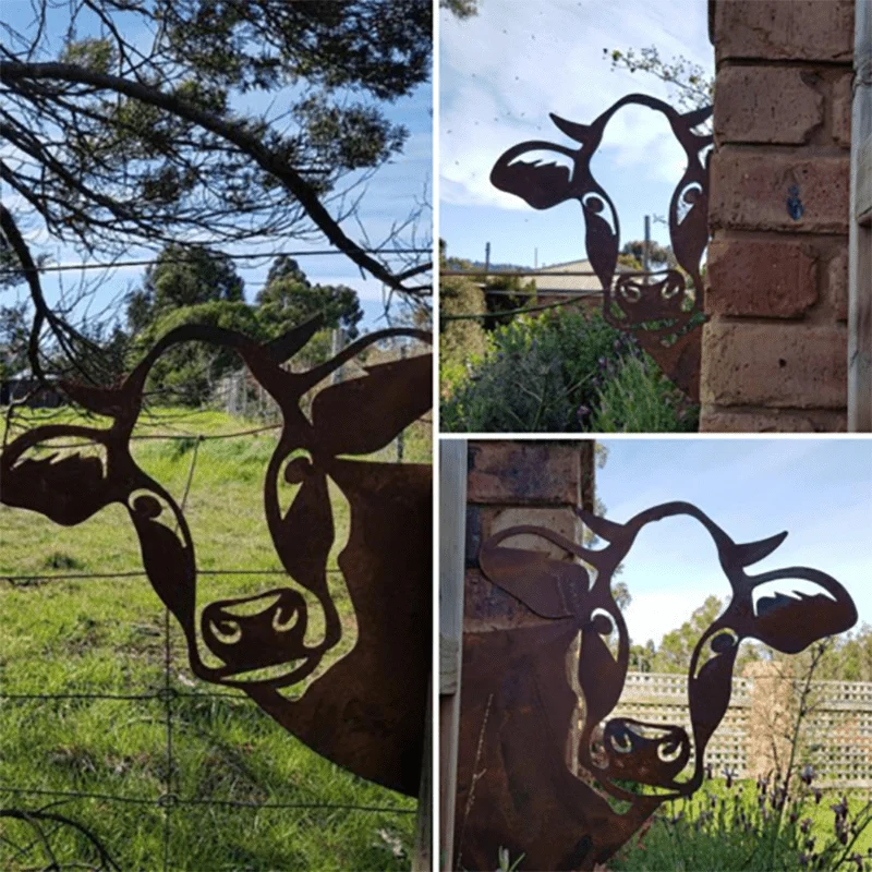 Metalen Boerderijdier Wanddecoratie 28x29cm Bruin Ijzer Tuinornament Rustiek Buitendecor Handgemaakt | Sansoti