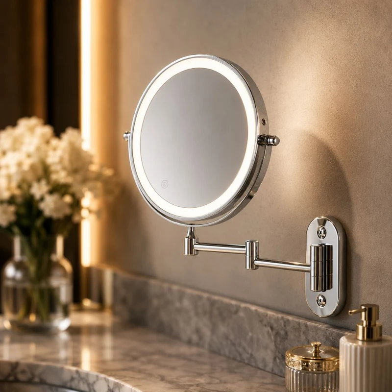 Zilverkleurige Wandspiegel met LED-verlichting en Vergroting voor Badkamer Make-up Verzorging en Scheren | Sansoti