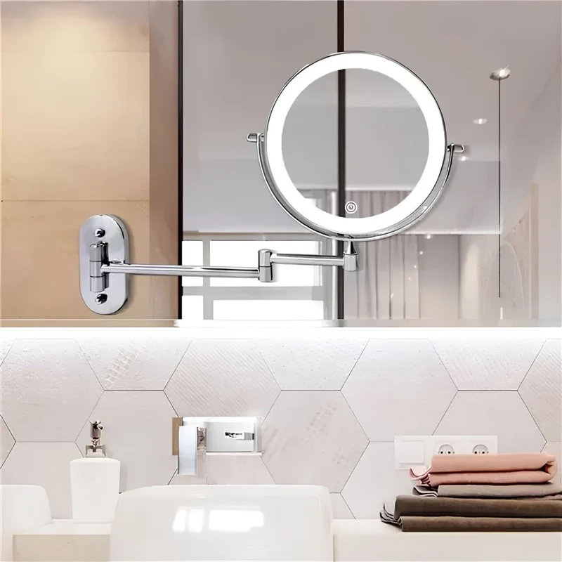 Zilverkleurige Wandspiegel met LED-verlichting en Vergroting voor Badkamer Make-up Verzorging en Scheren | Sansoti