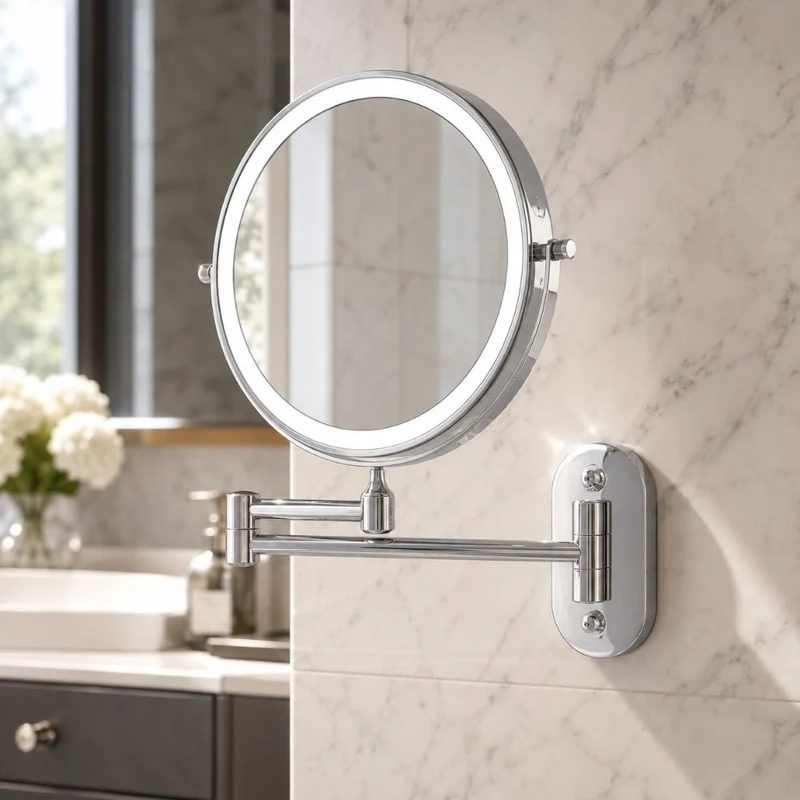 Zilverkleurige Wandspiegel met LED-verlichting en Vergroting voor Badkamer Make-up Verzorging en Scheren | Sansoti