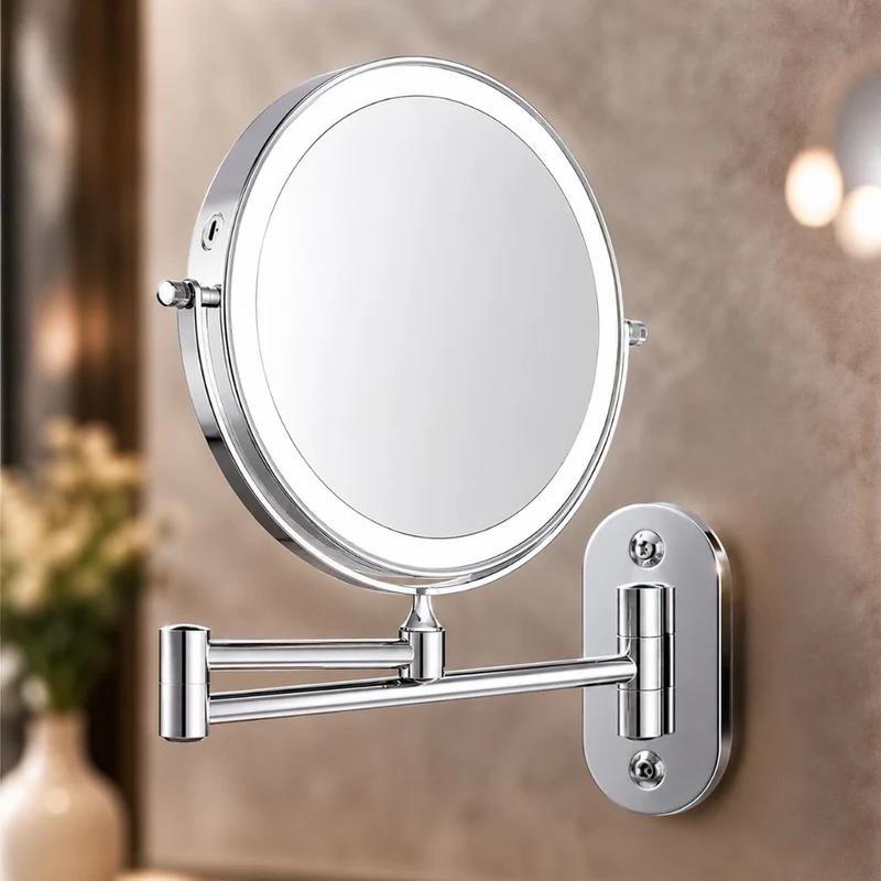 Zilverkleurige Wandspiegel met LED-verlichting en Vergroting voor Badkamer Make-up Verzorging en Scheren | Sansoti