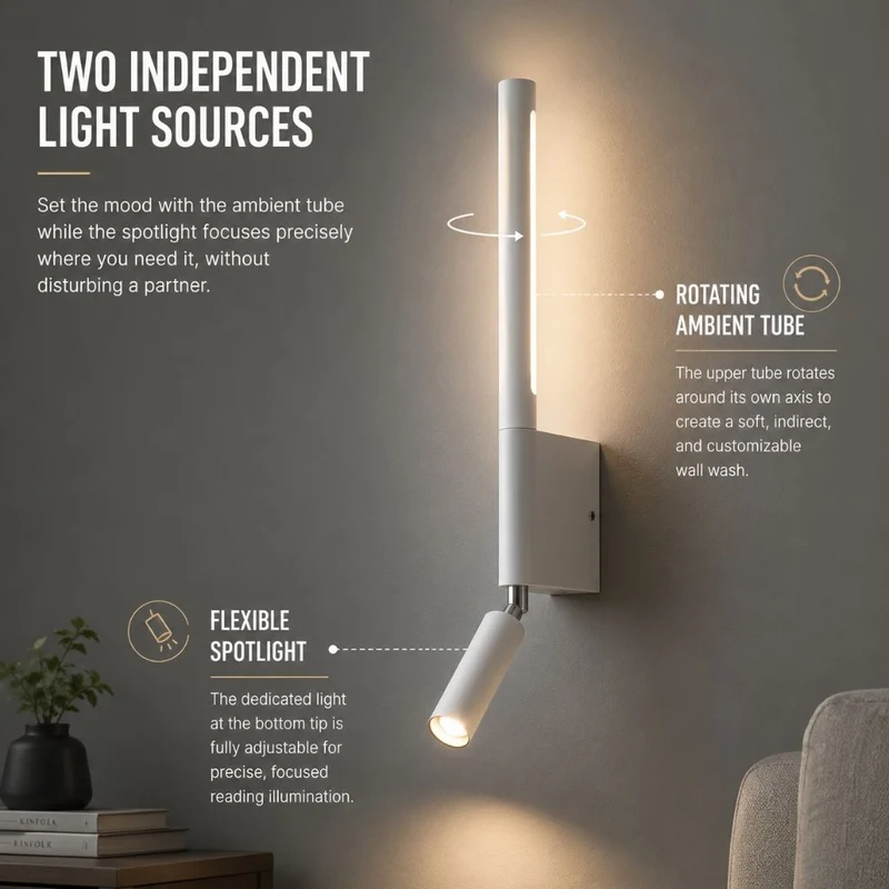 Wandlamp Slaapkamer met Draaibare Leeslamp 345° Rotatie Zwart Wit Aluminium Indirect Licht Moderne Verlichting | Sansoti