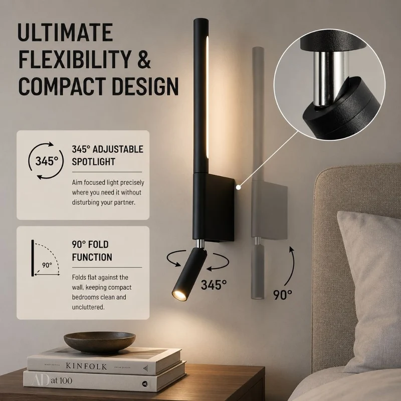 Wandlamp Slaapkamer met Draaibare Leeslamp 345° Rotatie Zwart Wit Aluminium Indirect Licht Moderne Verlichting | Sansoti