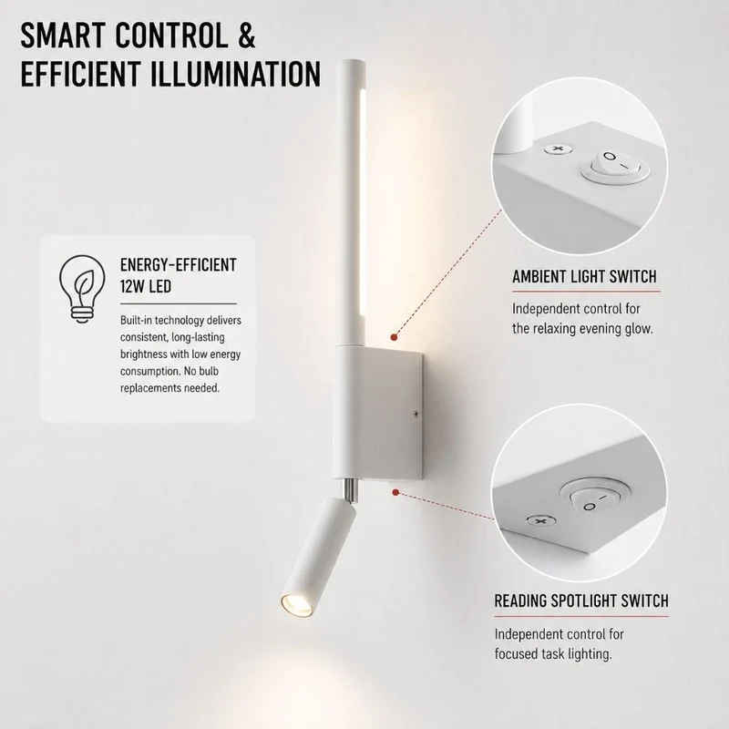 Wandlamp Slaapkamer met Draaibare Leeslamp 345° Rotatie Zwart Wit Aluminium Indirect Licht Moderne Verlichting | Sansoti