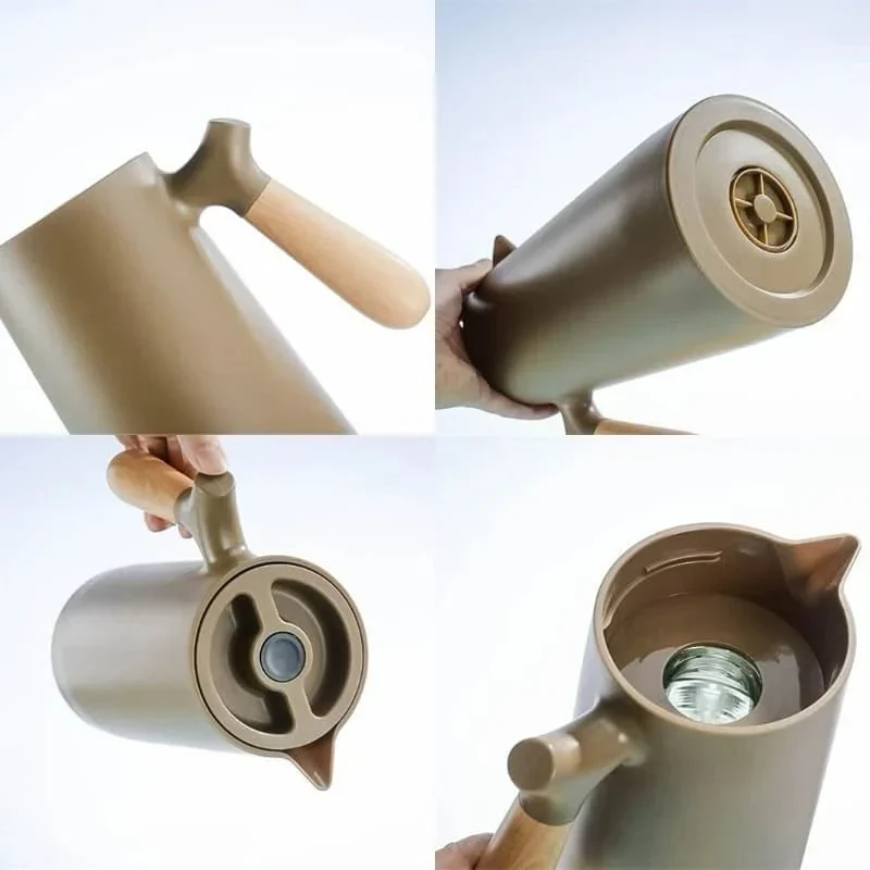 Thermoskan met Houten Handgreep 1L Dubbelwandig Glas Koffiekan Theekan Isoleerkan Scandinavisch Design | Sansoti