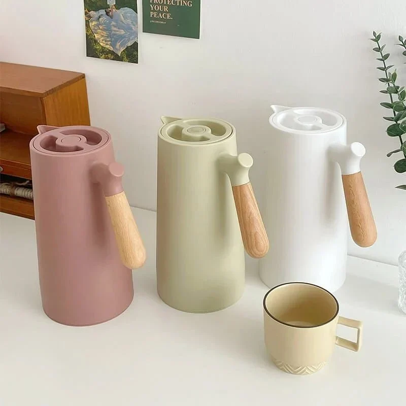 Thermoskan met Houten Handgreep 1L Dubbelwandig Glas Koffiekan Theekan Isoleerkan Scandinavisch Design | Sansoti