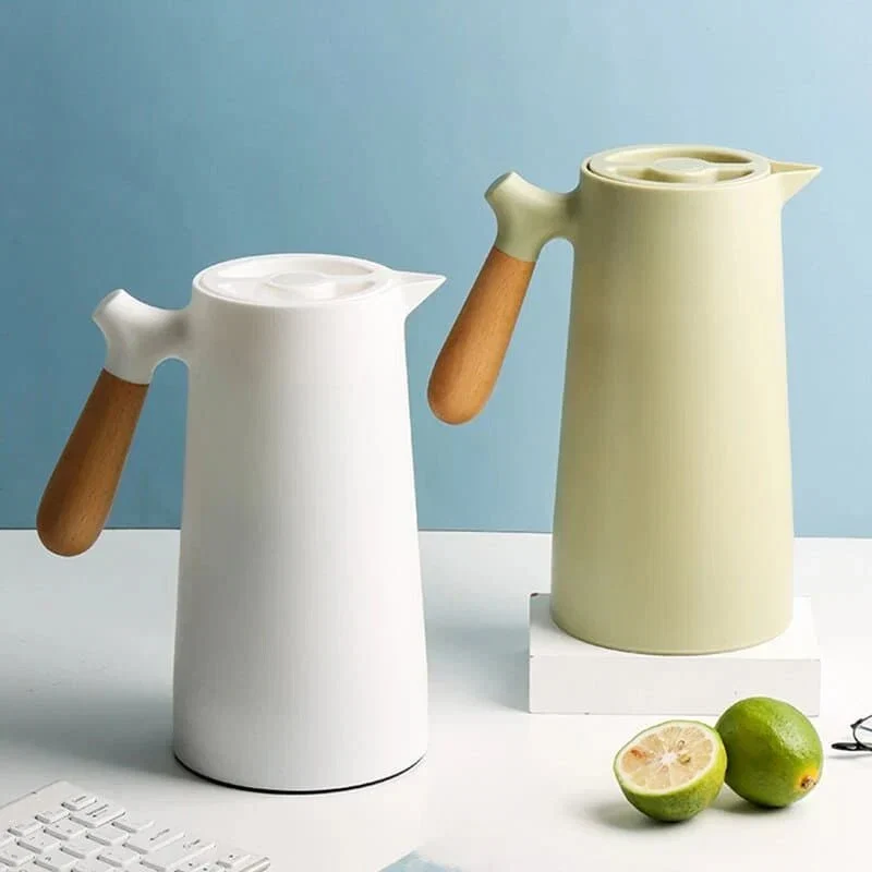 Thermoskan met Houten Handgreep 1L Dubbelwandig Glas Koffiekan Theekan Isoleerkan Scandinavisch Design | Sansoti