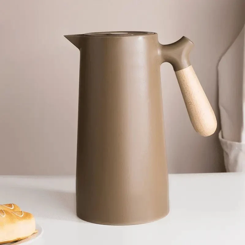 Thermoskan met Houten Handgreep 1L Dubbelwandig Glas Koffiekan Theekan Isoleerkan Scandinavisch Design | Sansoti
