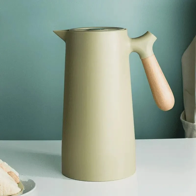 Thermoskan met Houten Handgreep 1L Dubbelwandig Glas Koffiekan Theekan Isoleerkan Scandinavisch Design | Sansoti