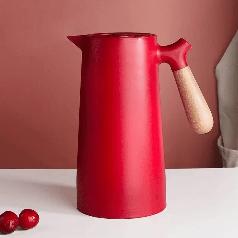 Thermoskan met Houten Handgreep 1L Dubbelwandig Glas Koffiekan Theekan Isoleerkan Scandinavisch Design | Sansoti
