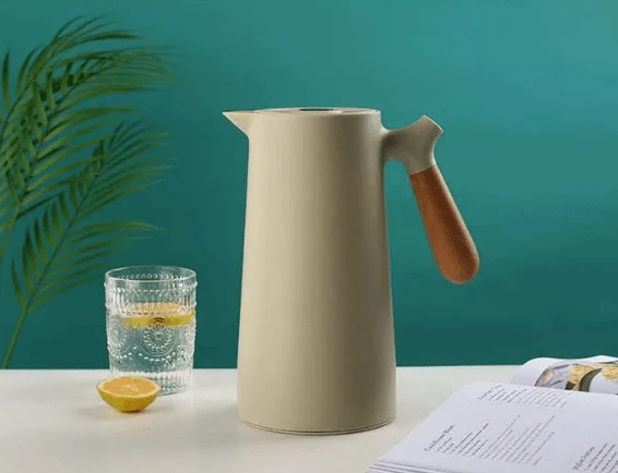 Thermoskan met Houten Handgreep 1L Dubbelwandig Glas Koffiekan Theekan Isoleerkan Scandinavisch Design | Sansoti