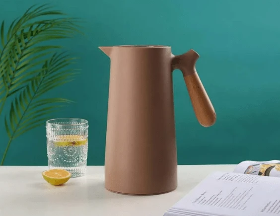 Thermoskan met Houten Handgreep 1L Dubbelwandig Glas Koffiekan Theekan Isoleerkan Scandinavisch Design | Sansoti