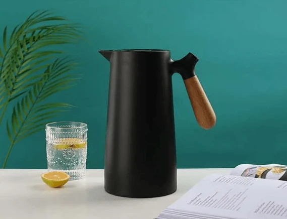 Thermoskan met Houten Handgreep 1L Dubbelwandig Glas Koffiekan Theekan Isoleerkan Scandinavisch Design | Sansoti