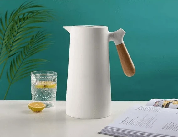 Thermoskan met Houten Handgreep 1L Dubbelwandig Glas Koffiekan Theekan Isoleerkan Scandinavisch Design | Sansoti