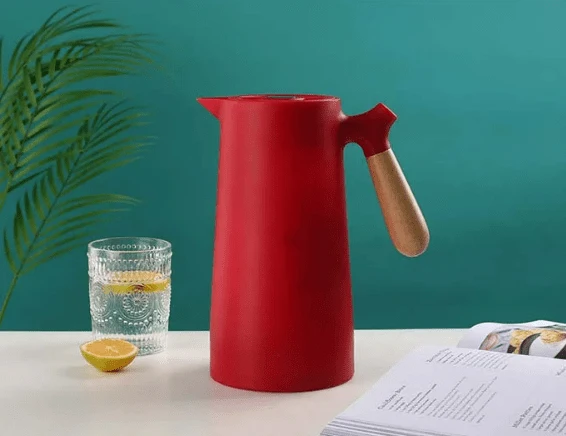 Thermoskan met Houten Handgreep 1L Dubbelwandig Glas Koffiekan Theekan Isoleerkan Scandinavisch Design | Sansoti