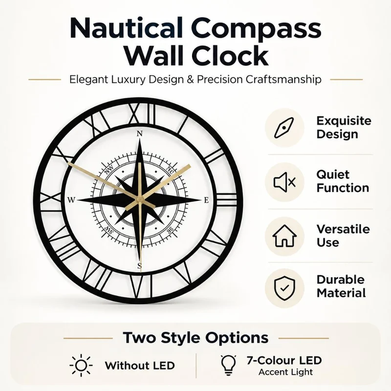 Wandklok Kompas Transparant 30cm Stil Uurwerk Maritiem Design Windstreek Decoratie Woonkamer Keuken Nautisch | Sansoti