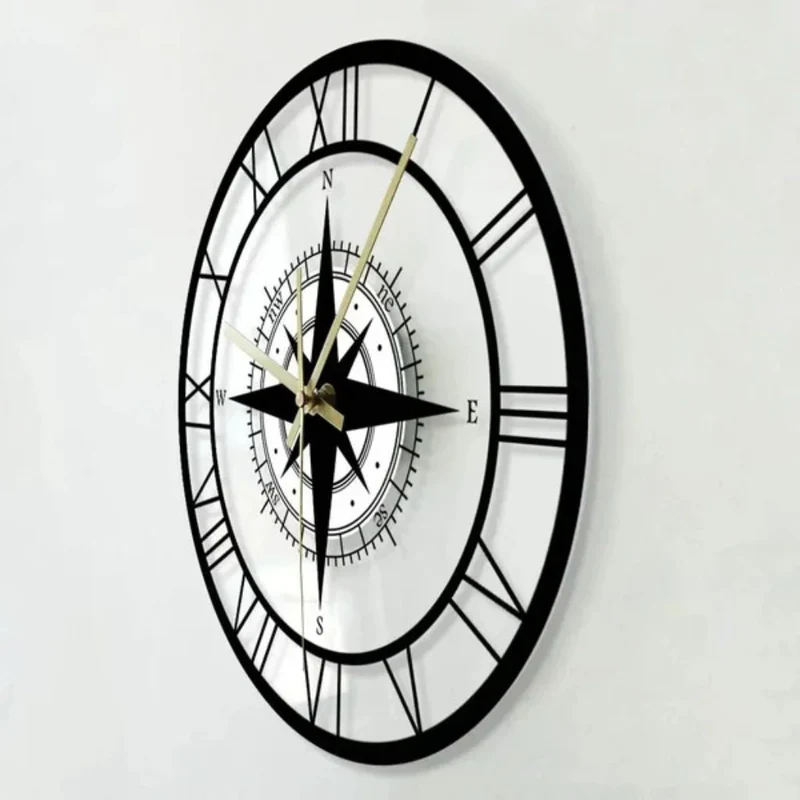 Wandklok Kompas Transparant 30cm Stil Uurwerk Maritiem Design Windstreek Decoratie Woonkamer Keuken Nautisch | Sansoti