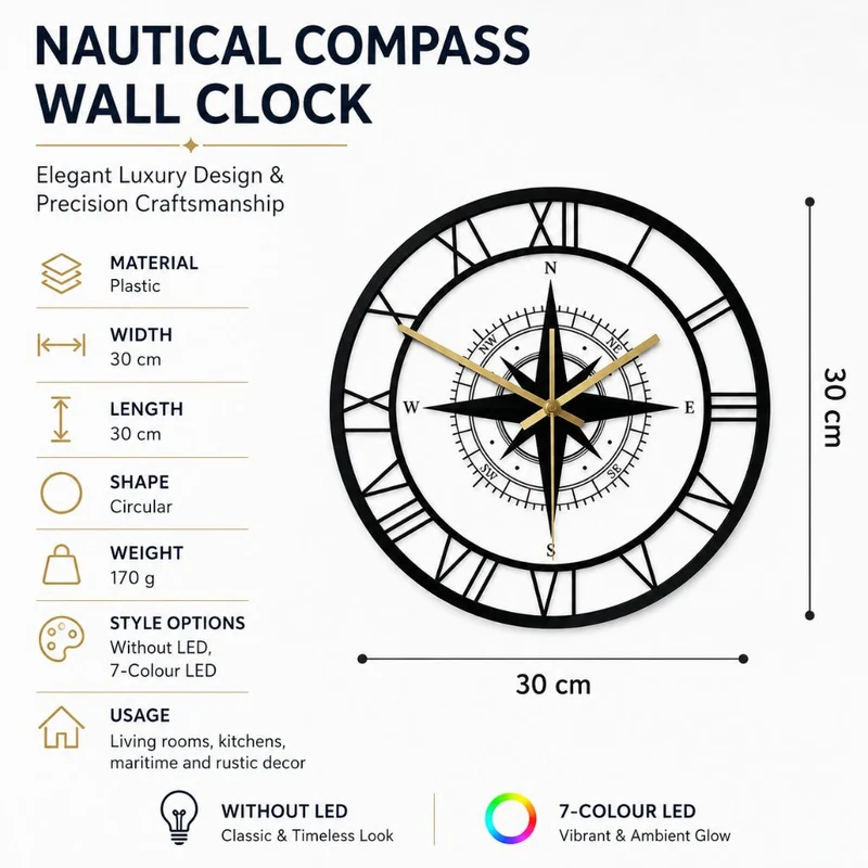 Wandklok Kompas Transparant 30cm Stil Uurwerk Maritiem Design Windstreek Decoratie Woonkamer Keuken Nautisch | Sansoti