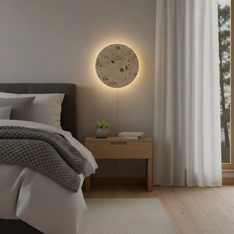 Ronde Wandlamp Natuursteen Travertin LED 20-30cm Warm Neutraal Koel Licht Sfeervol Modern Wandverlichting | Sansoti