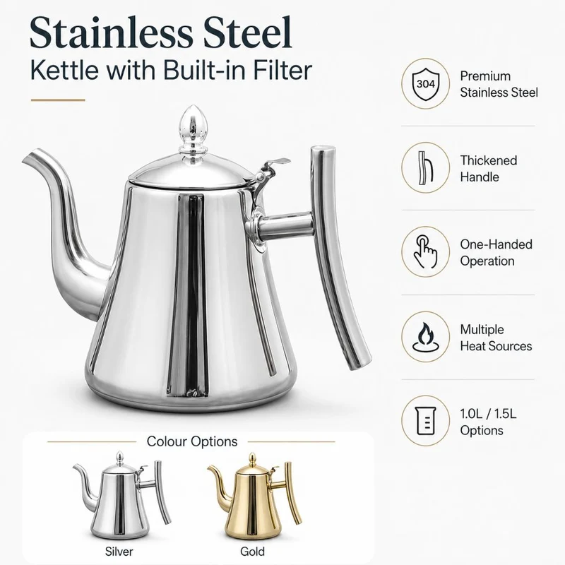 Roestvrijstalen Waterketel met Geïntegreerd Filter 1L 1.5L Inductie Geschikt voor Thee en Koffie Zilver Goud | Sansoti