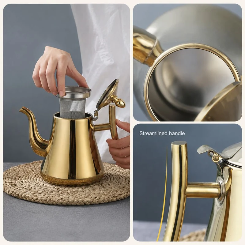 Roestvrijstalen Waterketel met Geïntegreerd Filter 1L 1.5L Inductie Geschikt voor Thee en Koffie Zilver Goud | Sansoti
