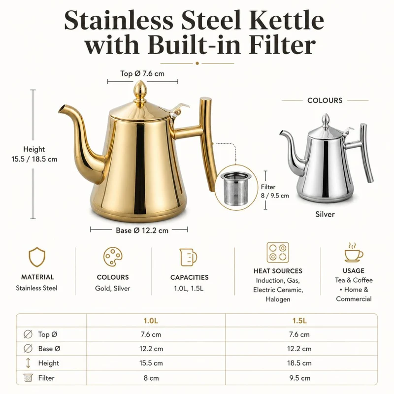 Roestvrijstalen Waterketel met Geïntegreerd Filter 1L 1.5L Inductie Geschikt voor Thee en Koffie Zilver Goud | Sansoti