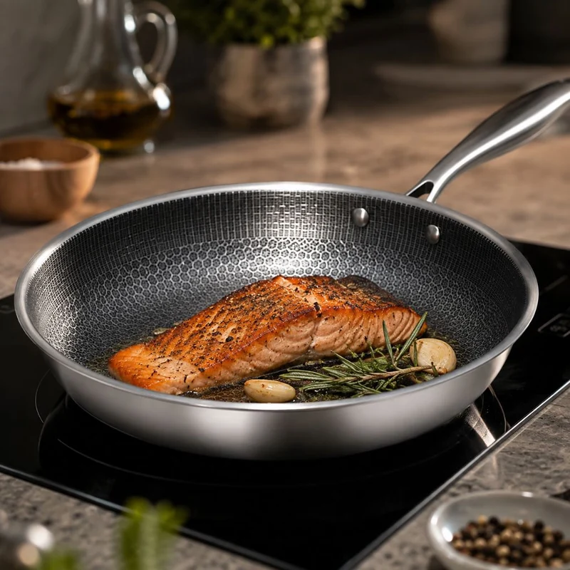 Antiaanbak Koekenpan RVS 30cm Honingraatpatroon Inductie Vaatwasserbestendig Ergonomische Greep Keuken | Sansoti