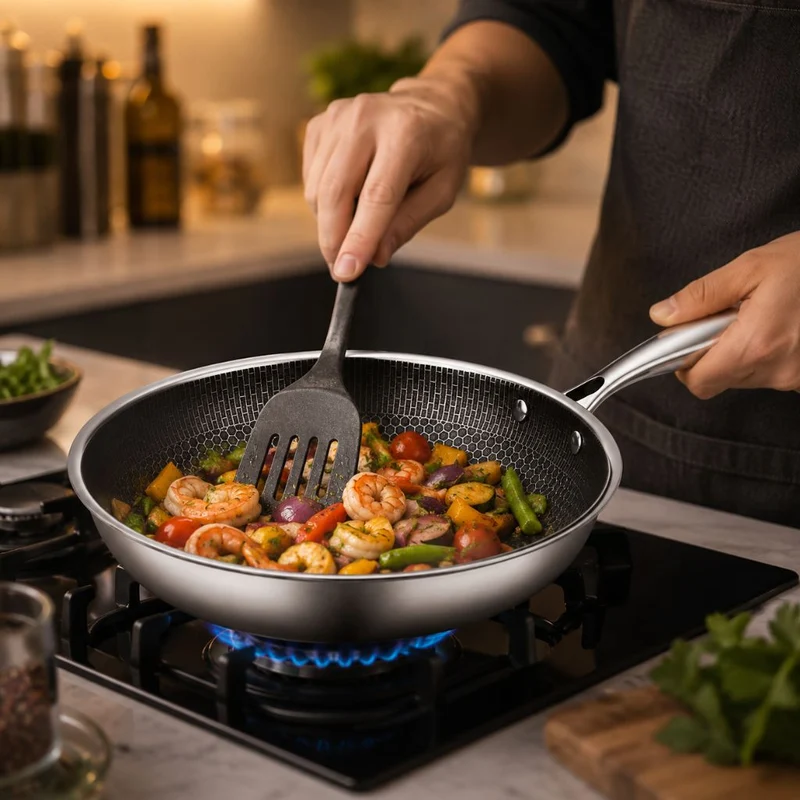Antiaanbak Koekenpan RVS 30cm Honingraatpatroon Inductie Vaatwasserbestendig Ergonomische Greep Keuken | Sansoti