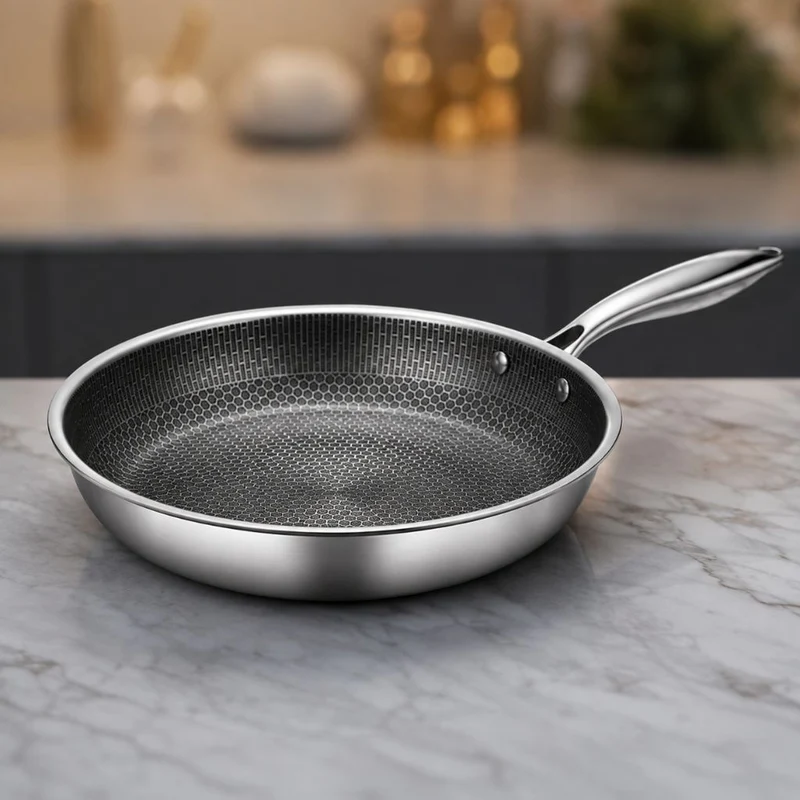 Antiaanbak Koekenpan RVS 30cm Honingraatpatroon Inductie Vaatwasserbestendig Ergonomische Greep Keuken | Sansoti