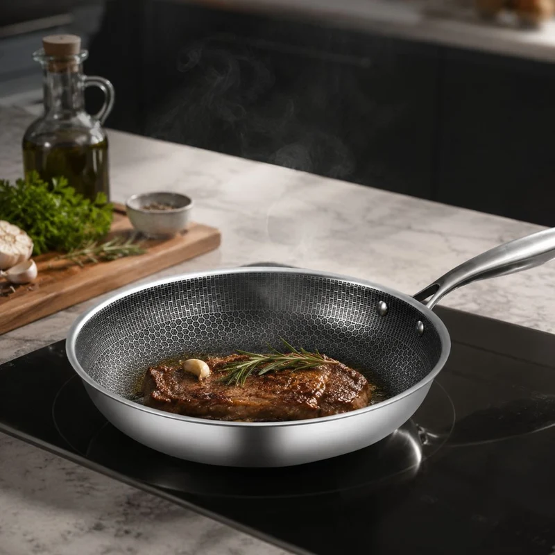 Antiaanbak Koekenpan RVS 30cm Honingraatpatroon Inductie Vaatwasserbestendig Ergonomische Greep Keuken | Sansoti