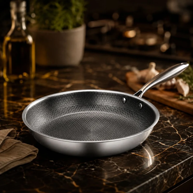 Antiaanbak Koekenpan RVS 30cm Honingraatpatroon Inductie Vaatwasserbestendig Ergonomische Greep Keuken | Sansoti