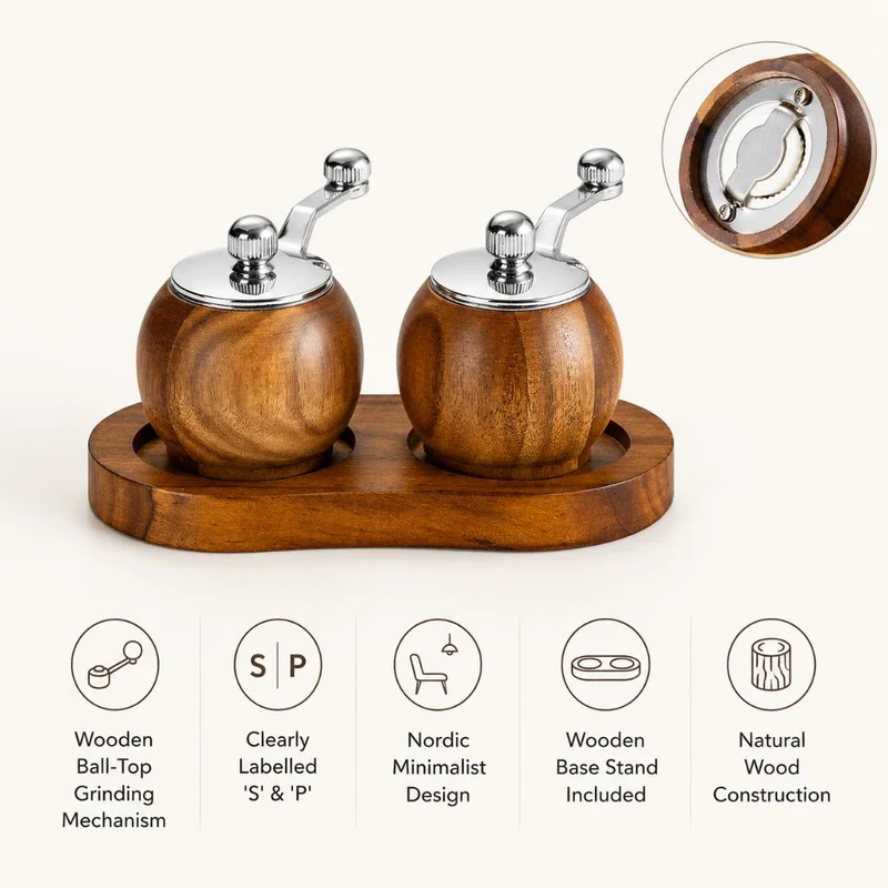 Peper- en Zoutmolen Set Hout met Bol-Maalwerk en Standaard voor Tafel Keuken Eetkamer Scandinavisch Design | Sansoti