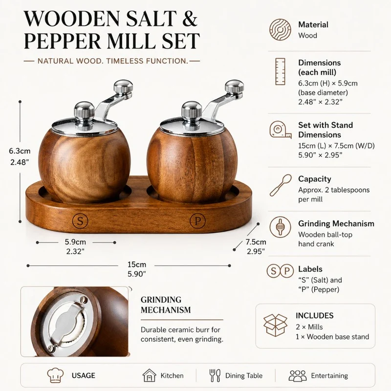 Peper- en Zoutmolen Set Hout met Bol-Maalwerk en Standaard voor Tafel Keuken Eetkamer Scandinavisch Design | Sansoti