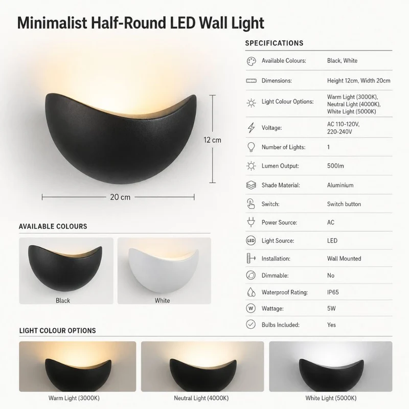 Halfronde LED Wandlamp Aluminium 20cm Warm Neutraal Wit Licht Slaapkamer Woonkamer Gang Waterdicht IP65 | Sansoti