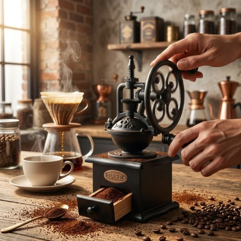 Handmolen Koffiemolen Keramisch Maalwerk Vintage Zwart Metaal Hout Camping Thuis Reizen Stil Versgemalen | Sansoti