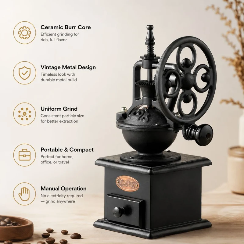 Handmolen Koffiemolen Keramisch Maalwerk Vintage Zwart Metaal Hout Camping Thuis Reizen Stil Versgemalen | Sansoti